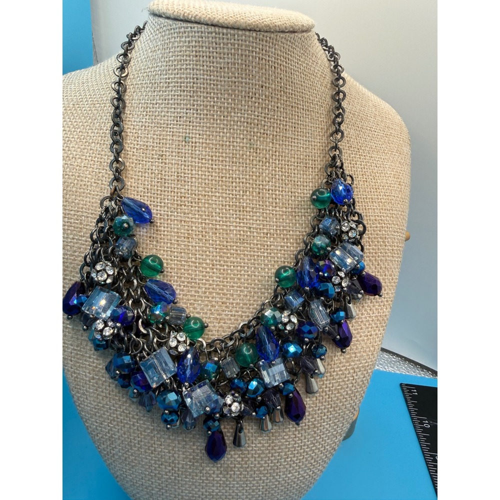 Blue Green Crystal Cluster Bib Statement Necklace Gunmetal Magnetic Clasp‎ 18"